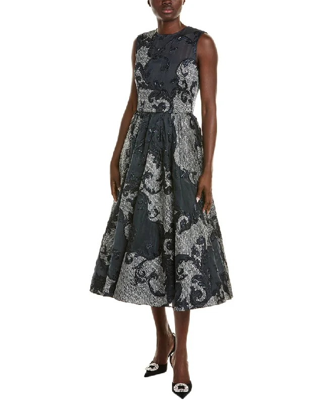 Oscar de la Renta Chevron Scroll Fil Coupe Silk-Blend Midi Dress