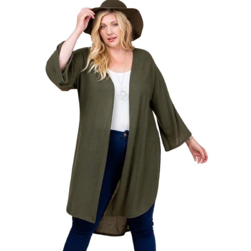 Plus Size Solid Hacci Brush Open Front Long Cardigan With Bell Sleeves