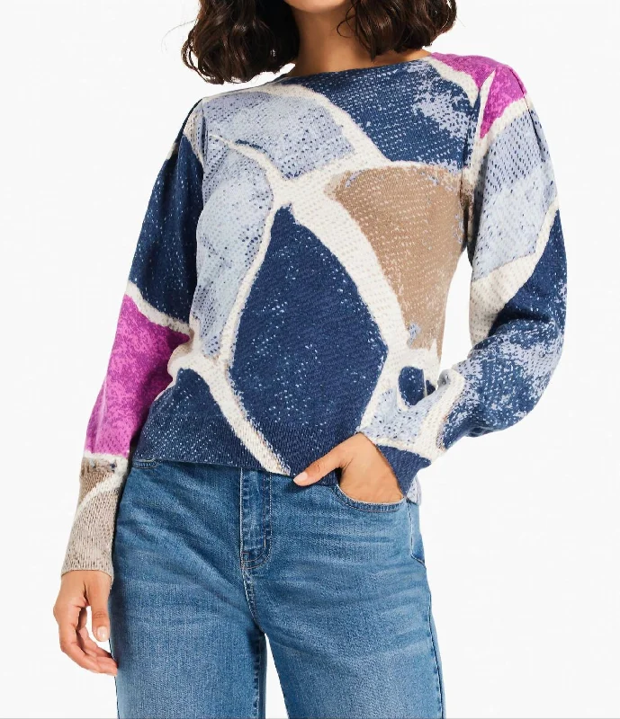 Printed Tiles Femme Sleeve Sweater In Blue Multi