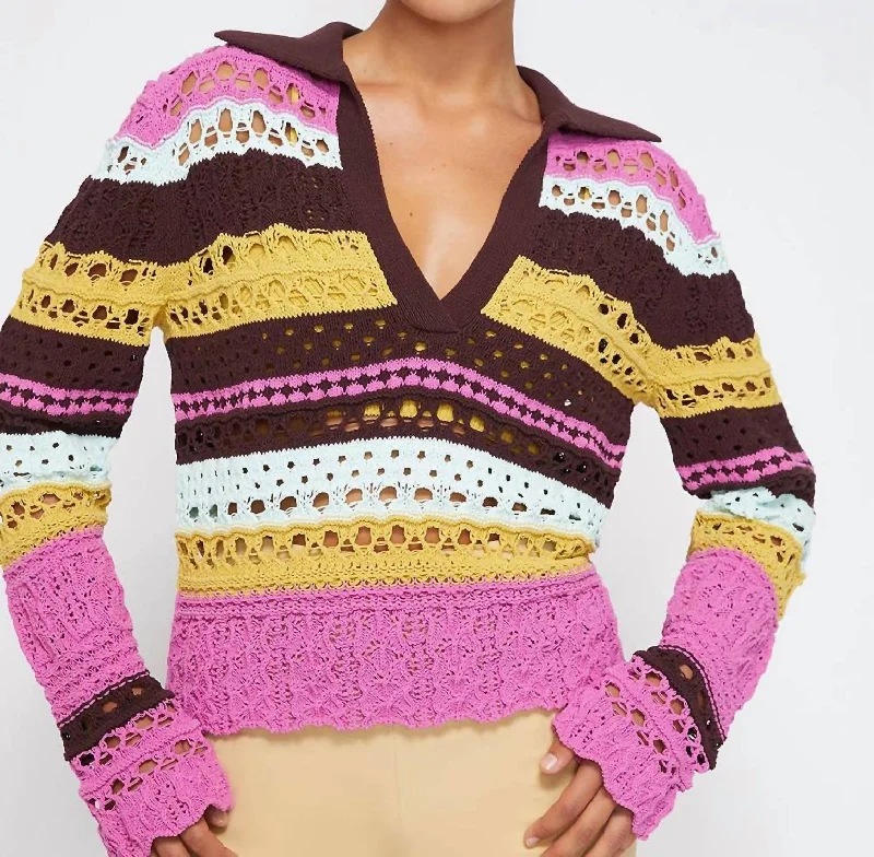 Roxana Macrame Mixed Media Pullover Top In Opera Pink Multi