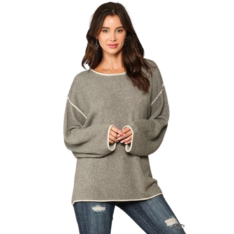 Two-tone Sold Round Neck Sweater Top With Piping Detail