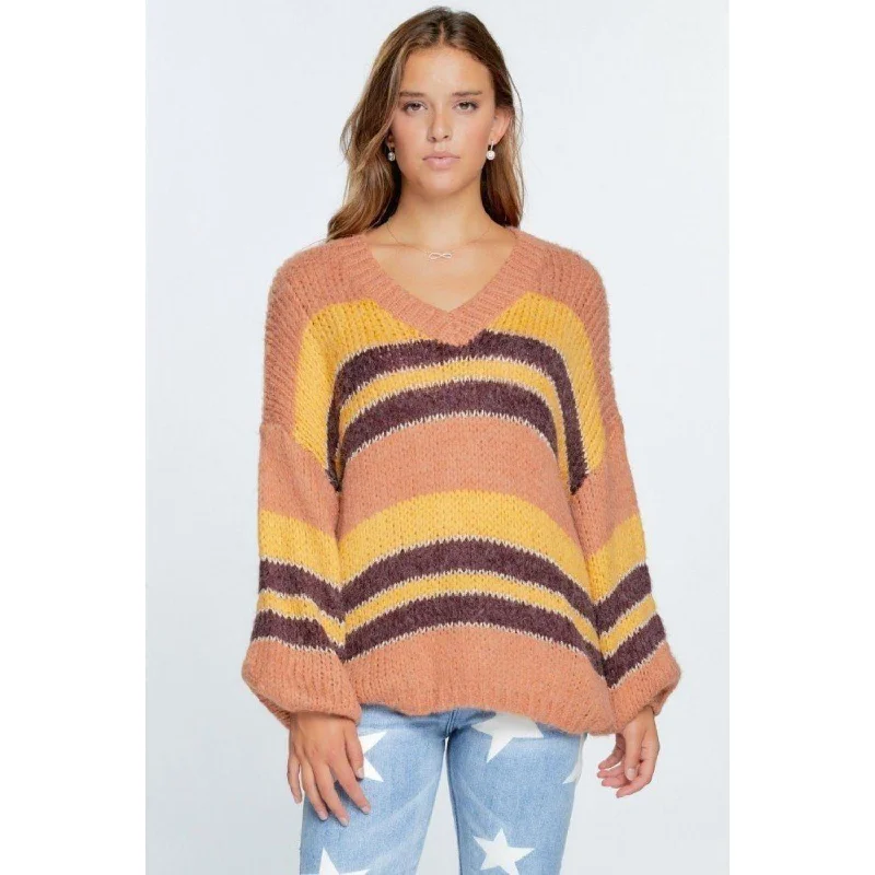 V-neck Cozy Thick Knit Stripe Pullover Sweater