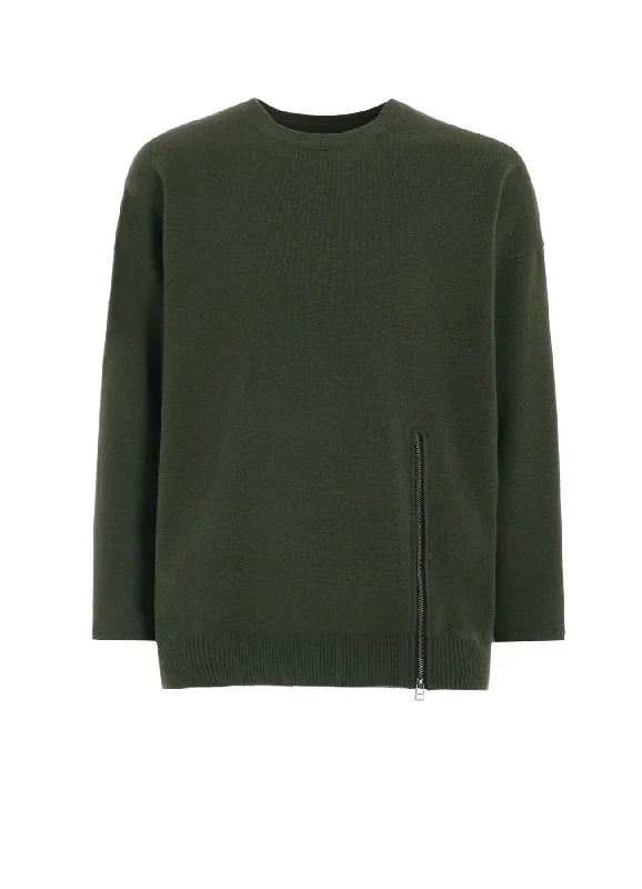 CASHMERE/EXTRA SUPER FINE WOOL ZIPPER CREW NECK KNIT