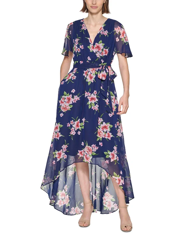 Petites Womens Floral V Neck Midi Dress