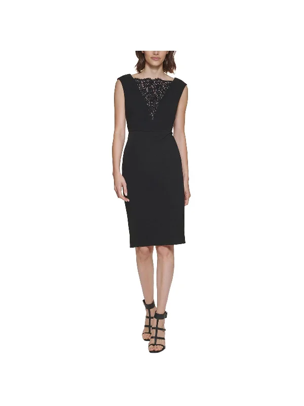 Petites Womens Knit Lace Inset Cocktail and Party Dress