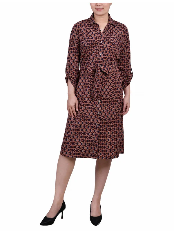 Retro Luxury Petites Womens Woven Polyester Shirtdress