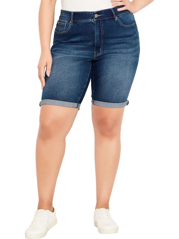 Womens Cuffed Knee Length Denim Shorts