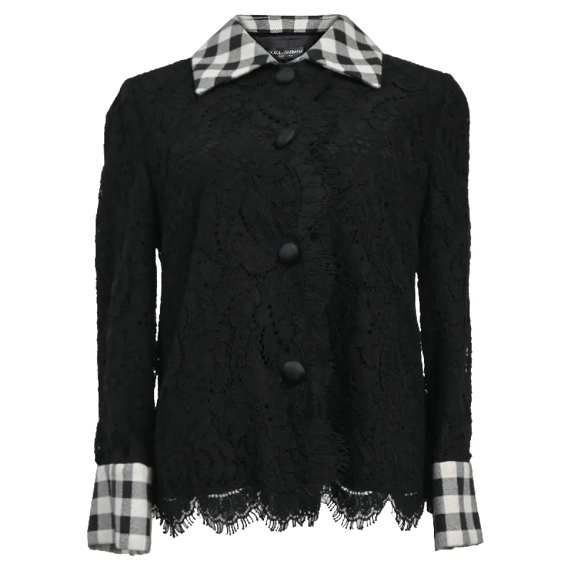 Dolce & Gabbana Check Collar Lace Shirt in Black Cotton