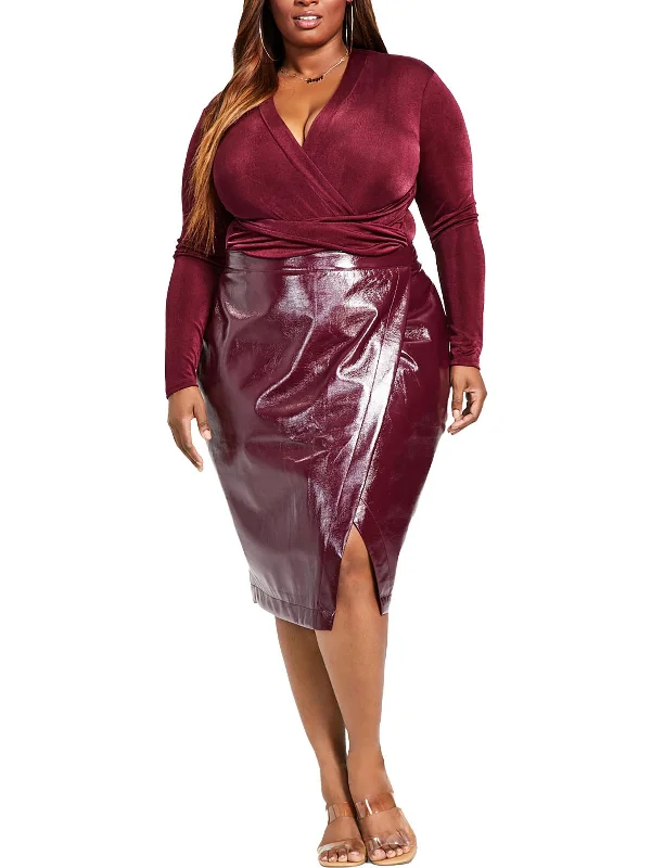 Plus Womens Faux Leather Wrap A-Line Skirt