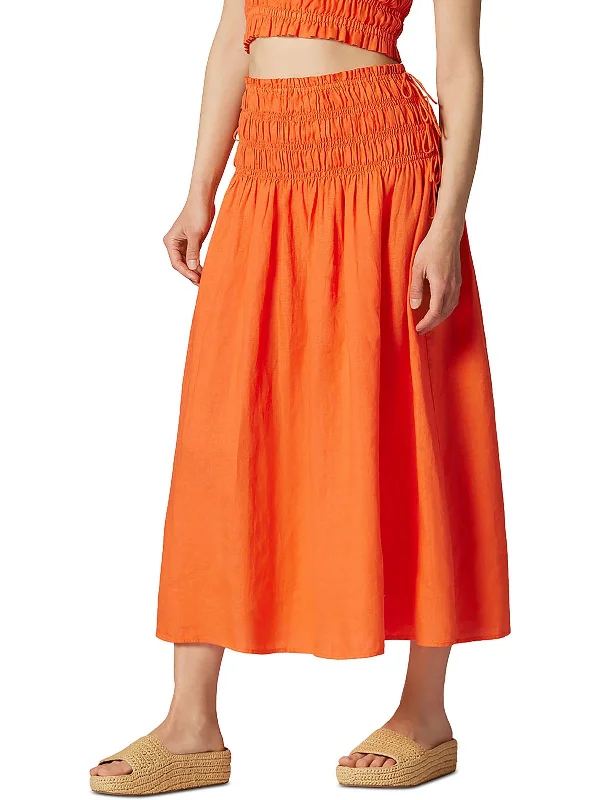 Womens Linen Smocked Midi Skirt