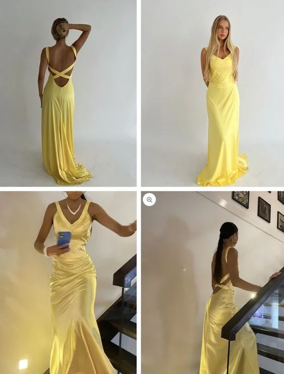 Yellow V neck Backless Mermaid Sexy Long Prom Dress, DP3637