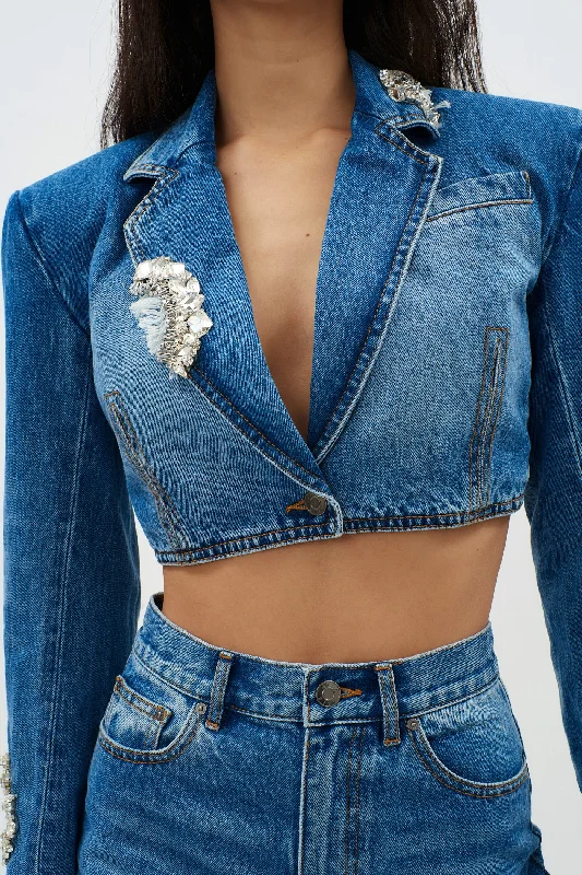 Distressed Crystal Denim Light Indigo Cropped Blazer